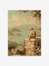 Impressionistic coastal wall art painting of a monkey on a stone wall overlooking a tropical city, bay, and mountains.
