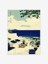 Coastal wall art illustration of a serene ocean view patio with white architecture, green plants, and a deep blue sea.