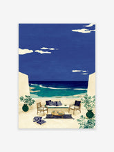 Illustrative coastal wall art of an outdoor terrace with seating overlooking a blue ocean and sky with clouds.
