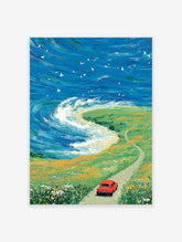 Vibrant coastal landscape painting with a red car on a road, ocean waves, and flower fields under a blue sky.