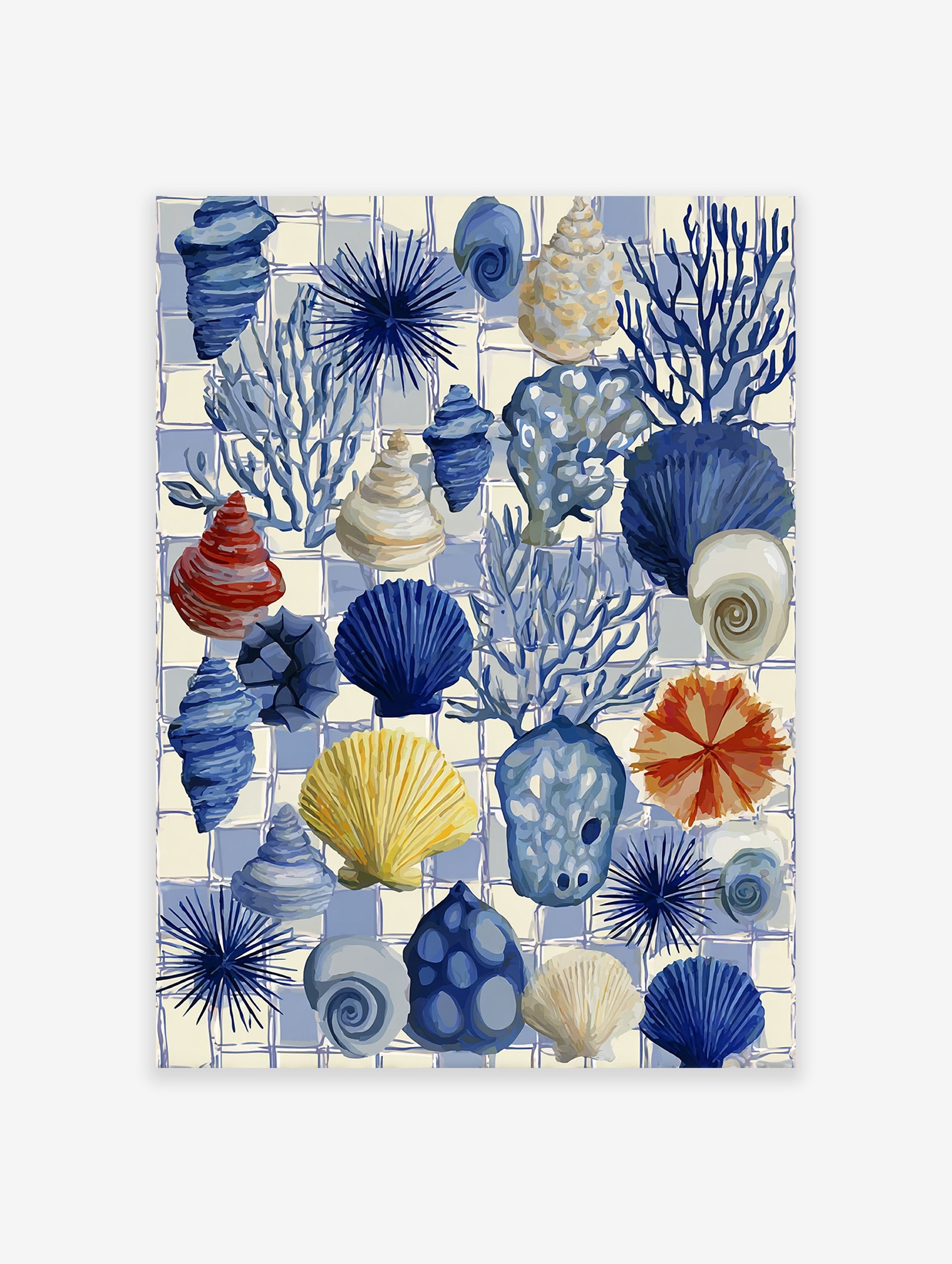 Illustrative coastal wall art featuring blue seashells, coral, and sea urchins on a blue and white checkered background.