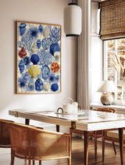 Illustrative coastal wall art featuring blue seashells, coral, and sea urchins on a blue and white checkered background. - Image 2