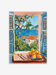 Coastal window art print showing a Mediterranean landscape with blue sea, orange trees, houses, and a plate of oranges.