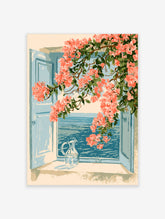 Pink bougainvillea over blue open window frame with sea view and glass jug coastal poster print