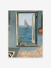 Blue coastal window view poster with sailboat on sea, flowerpot and bowl on sill
