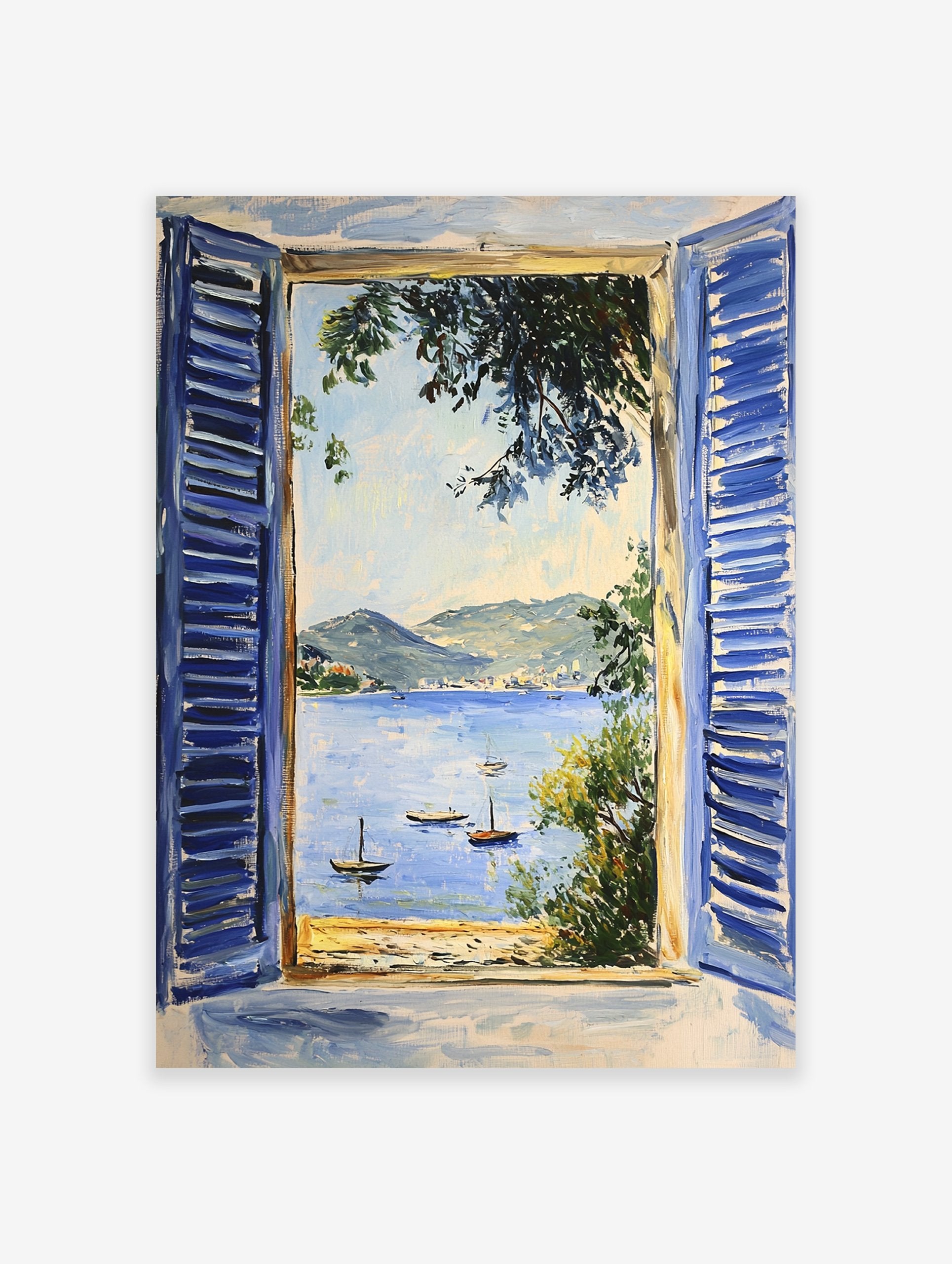 Coastal Window View Poster showing a blue shuttered window opening to a seascape with boats and mountains.