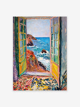 Vibrant coastal window view poster depicting a seascape with crashing waves, rocky cliffs, and colorful window frames.