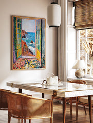 Vibrant coastal window view poster depicting a seascape with crashing waves, rocky cliffs, and colorful window frames. - Image 2