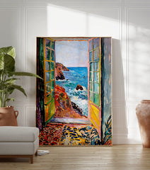 Vibrant coastal window view poster depicting a seascape with crashing waves, rocky cliffs, and colorful window frames. - Image 3