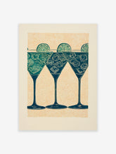 Three illustrated cocktail glasses with lime slices and ice in teal and green on a stippled orange background.