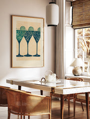 Three illustrated cocktail glasses with lime slices and ice in teal and green on a stippled orange background. - Image 3