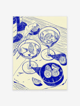Blue line art illustration of two cocktails with lime slices, ice, a bottle, and a knife, suitable for cocktail wall art.