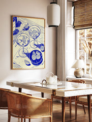 Blue line art illustration of two cocktails with lime slices, ice, a bottle, and a knife, suitable for cocktail wall art. - Image 3