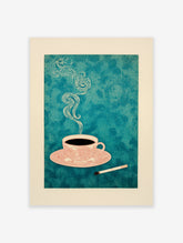 Vintage illustration art print of a steaming coffee cup and a lit cigarette on a textured teal background.