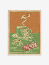 Vintage poster illustration of two steaming green coffee cups and an orange cigarette pack on a green and orange background.