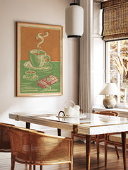 Vintage poster illustration of two steaming green coffee cups and an orange cigarette pack on a green and orange background. - Image 3
