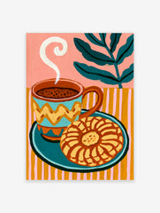 Coffee and concha sweet bread illustration with striped background and green leaf motif art print