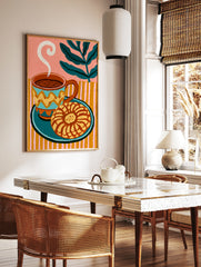 Coffee and concha sweet bread illustration with striped background and green leaf motif art print, in a styled room mockup