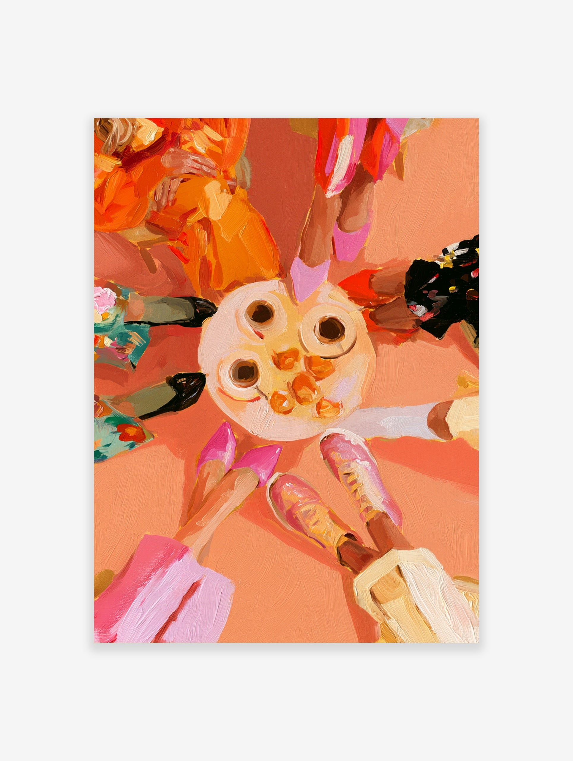 Top-down illustrative art print of a table with coffee and oranges surrounded by four people, painted in vibrant colours