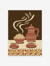 Red teapot and coffee cups with pastries, brown background, cream steam, decorative border, illustration print