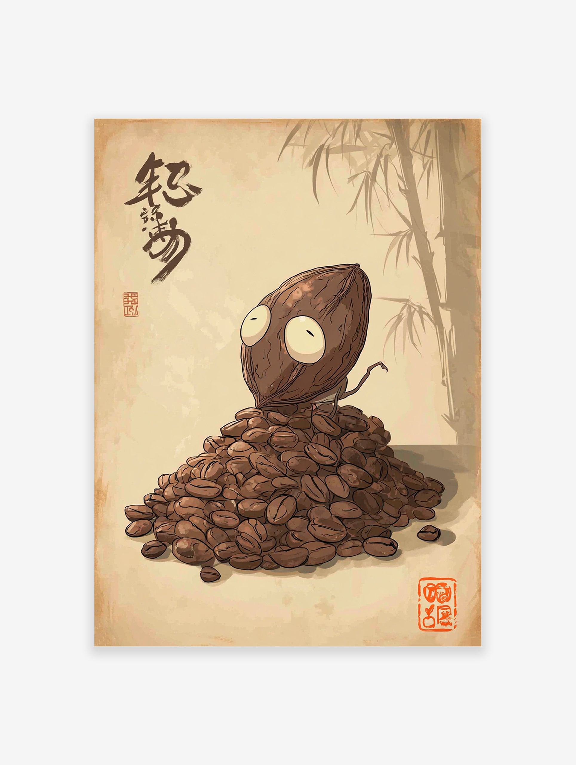 Whimsical coffee bean creature illustration on a pile of coffee beans, with Japanese calligraphy and bamboo on a textured background.