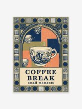 Coffee Break poster with blue and white teacup, waves, floral motifs, ornate arch and bold typography