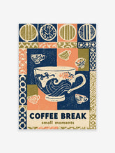Retro coffee break poster with blue wave teacup and bold COFFEE BREAK text on patchwork grid