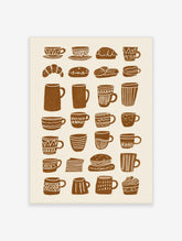 Brown coffee cups and pastries grid pattern art print on cream background