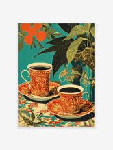 Teal background poster featuring two patterned coffee cups with saucers, oranges on a branch, and green plant leaves.
