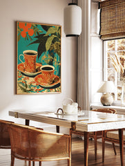 Teal background poster featuring two patterned coffee cups with saucers, oranges on a branch, and green plant leaves. - Image 2
