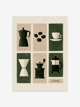 Coffee illustration wall art print with moka pot, grinder, and press in dark green and beige, kitchen decor poster