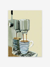 Illustrated coffee machine poster pouring coffee into a striped mug and another cup on a counter with a light background.