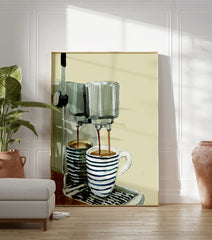 Illustrated coffee machine poster pouring coffee into a striped mug and another cup on a counter with a light background. - Image 3