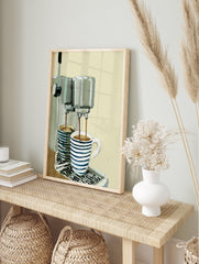 Illustrated coffee machine poster pouring coffee into a striped mug and another cup on a counter with a light background. - Image 4