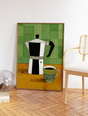 Illustrated art print of a silver Moka pot coffee maker and a green and yellow striped coffee mug on a yellow table. - Image 2