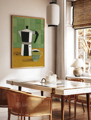 Illustrated art print of a silver Moka pot coffee maker and a green and yellow striped coffee mug on a yellow table. - Image 3