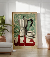 Vintage coffee moka pot poster with Arabic calligraphy and green foliage on a beige background. - Image 3