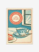 Retro kitchen poster with blue coffee cup, saucer, spoon, pastry and red text reading It's Coffee O'Clock