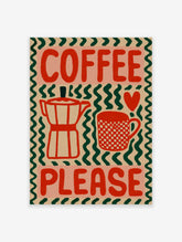 Coffee Please text with red Moka pot, checkered mug, and heart illustration on beige with green wavy borders