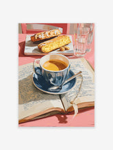 Coffee poster showing a blue cup of coffee, open book, and two pieces of cake on a pink table with water glasses.