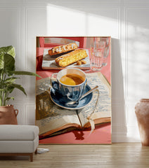 Coffee poster showing a blue cup of coffee, open book, and two pieces of cake on a pink table with water glasses. - Image 3