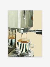 Coffee poster depicting an espresso machine pouring coffee into two blue and white striped cups on a light background.