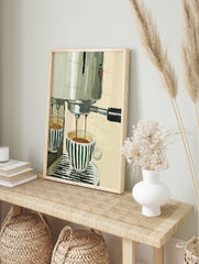 Coffee poster depicting an espresso machine pouring coffee into two blue and white striped cups on a light background. - Image 4