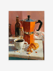 Coffee poster featuring an orange moka pot, a white cup of black coffee, and a croissant on a white table with a pink wall background.