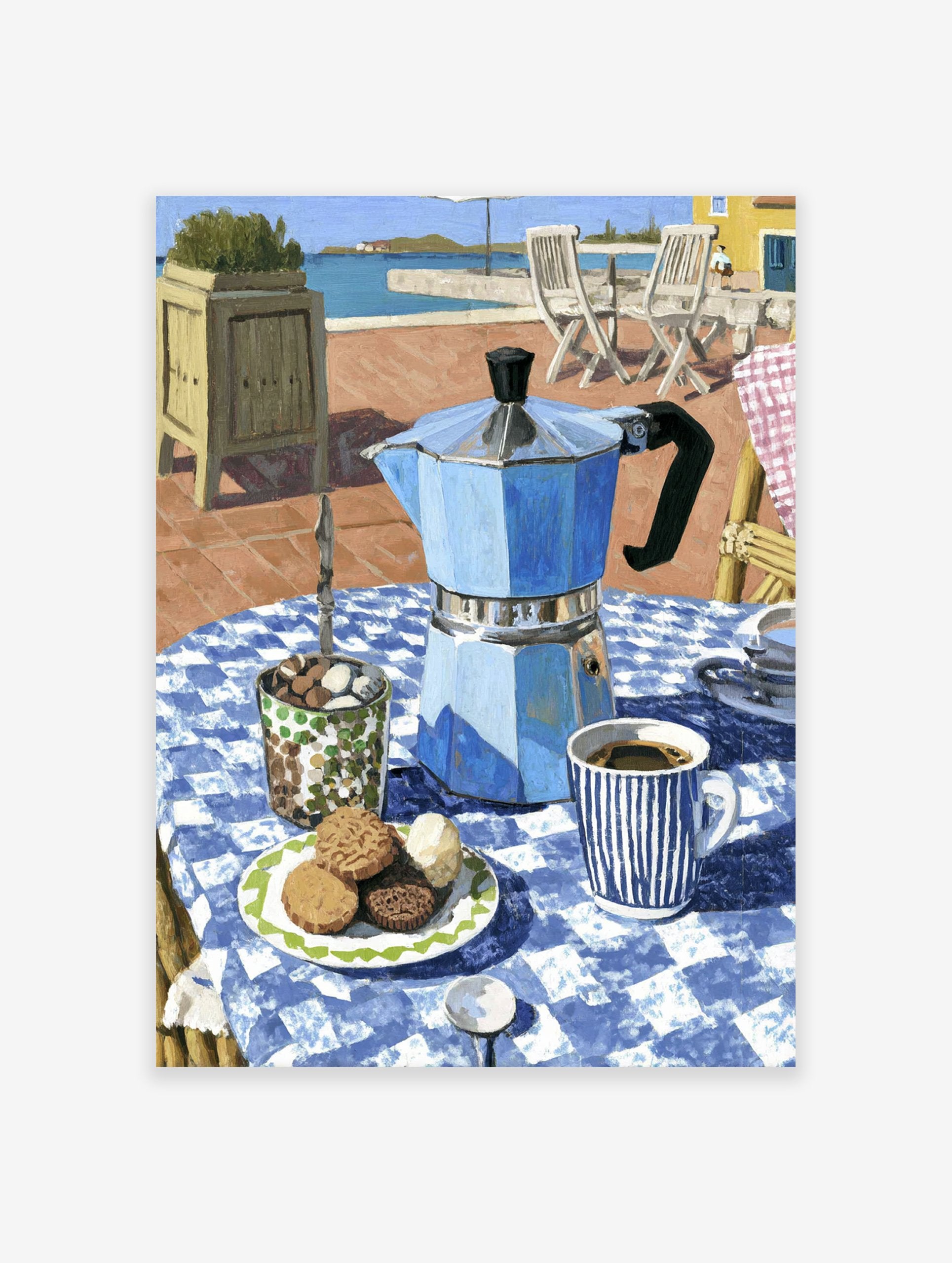 Coffee Terrace Art | Blue Moka Pot Illustration | Mediterranean