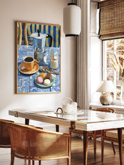 Coffee Wall Art featuring a Moka pot, orange coffee cup, macarons, and chocolate cake on a blue and white tiled table. - Image 3