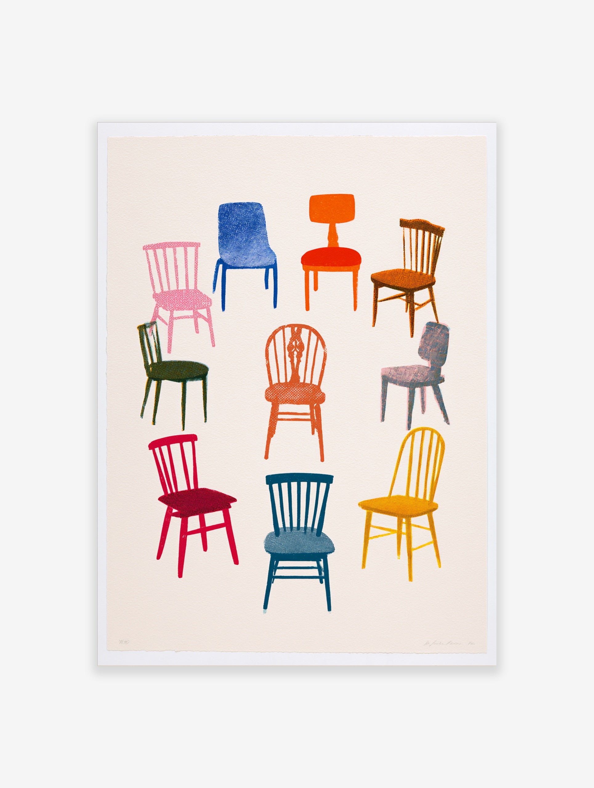 Illustration of nine colourful chairs in various styles arranged in a circle on a neutral background