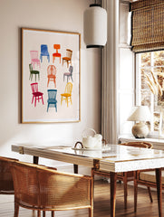 Illustration of nine colourful chairs in various styles arranged in a circle on a neutral background, in a styled room mockup