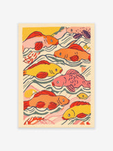Colorful illustrative fish wall art print featuring multiple orange, yellow, and pink koi swimming in blue-green water.