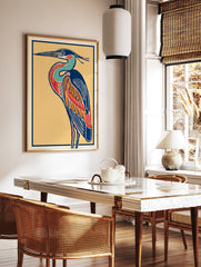 Colorful illustrative heron bird art print with blue, red, orange, and yellow on a textured paper background. - Image 2